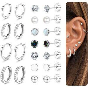 Silver stud hoop earring set hypoallergenic flat back cartilage piercings